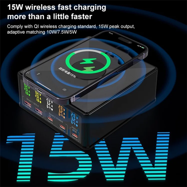 868H Cargador de teléfono 6 en 1 de 160 W con PD+QC3.0, cargador de escritorio inalámbrico multifuncional de 15 W con 2 USB, 3 Type-C - Enchufe US