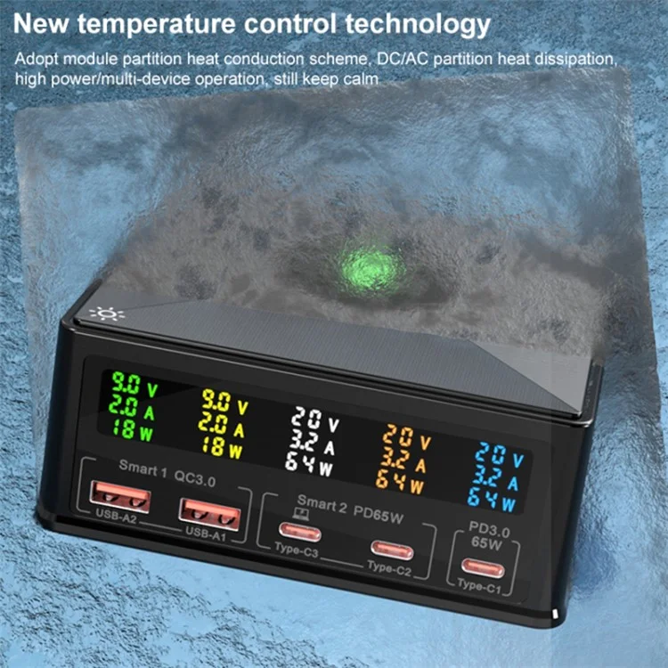 868H Cargador de teléfono 6 en 1 de 160 W con PD+QC3.0, cargador de escritorio inalámbrico multifuncional de 15 W con 2 USB, 3 Type-C - Enchufe US