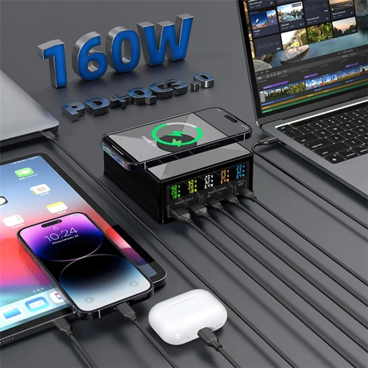 868H Cargador de teléfono 6 en 1 de 160 W con PD+QC3.0, cargador de escritorio inalámbrico multifuncional de 15 W con 2 USB, 3 Type-C - Enchufe US