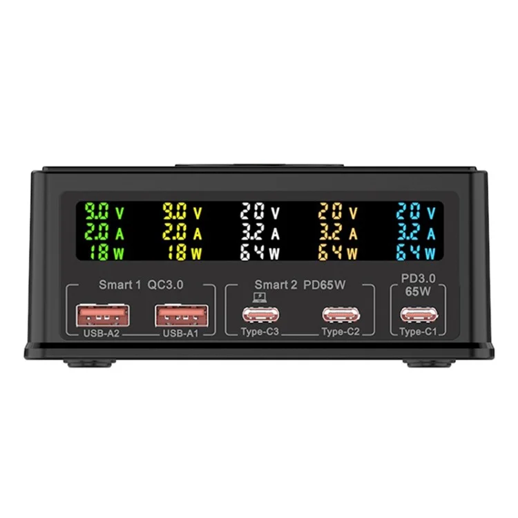 868H Cargador de teléfono 6 en 1 de 160 W con PD+QC3.0, cargador de escritorio inalámbrico multifuncional de 15 W con 2 USB, 3 Type-C - Enchufe US