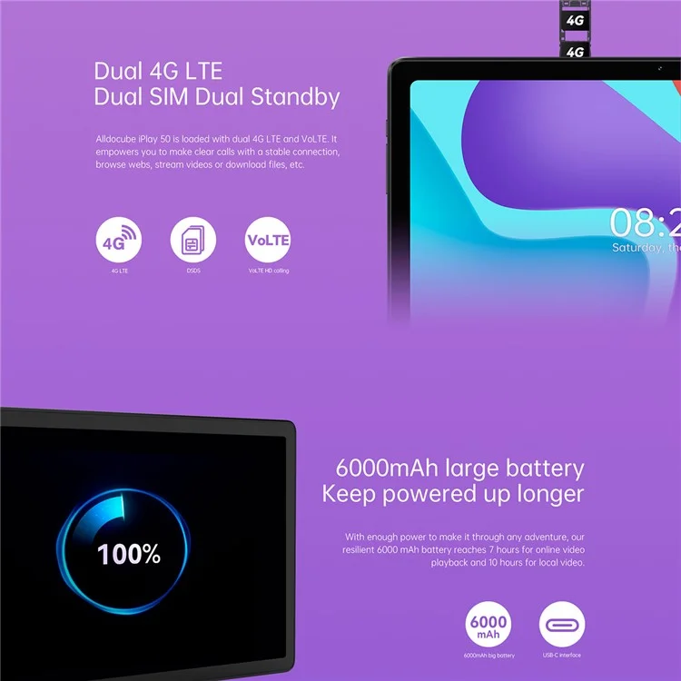 ALLDOCUBE iPlay 50 Tablet Tablet 10,4 pollici 4GB+64GB 4G 6000mAh Tablet PC Android 12 (Nero / Grigio) 