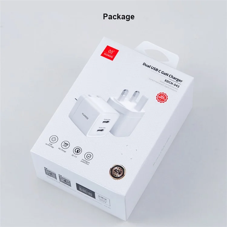 XUNDD XDCH-043 40W PD Fast Charging GaN Phone Charger Fireproof PC Dual Type-C Wall Charger - Spina CN