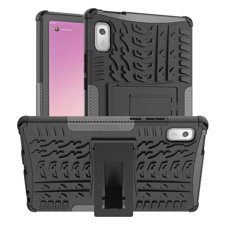 Para Lenovo Tab M9 M9 Tire Pattern Ketstand Case PC+TPU Cubierta de Tableta a Prueba de Choques - Negro