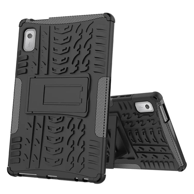 For Lenovo Tab M9 Tyre Pattern Kickstand Case PC+TPU Shockproof Tablet Cover - Black