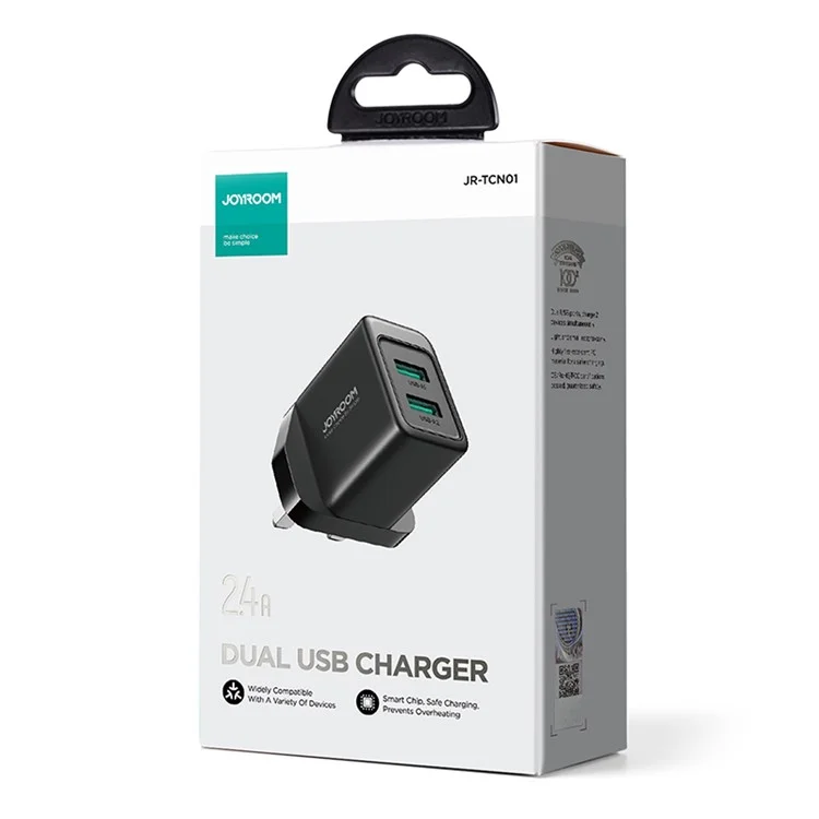 JOYROOM TCN01 2.4A 2USB Fast Charger Adapter Porta Caricabatterie da Muro Portatile Mini per Cellulari (Spina UK) - Nero