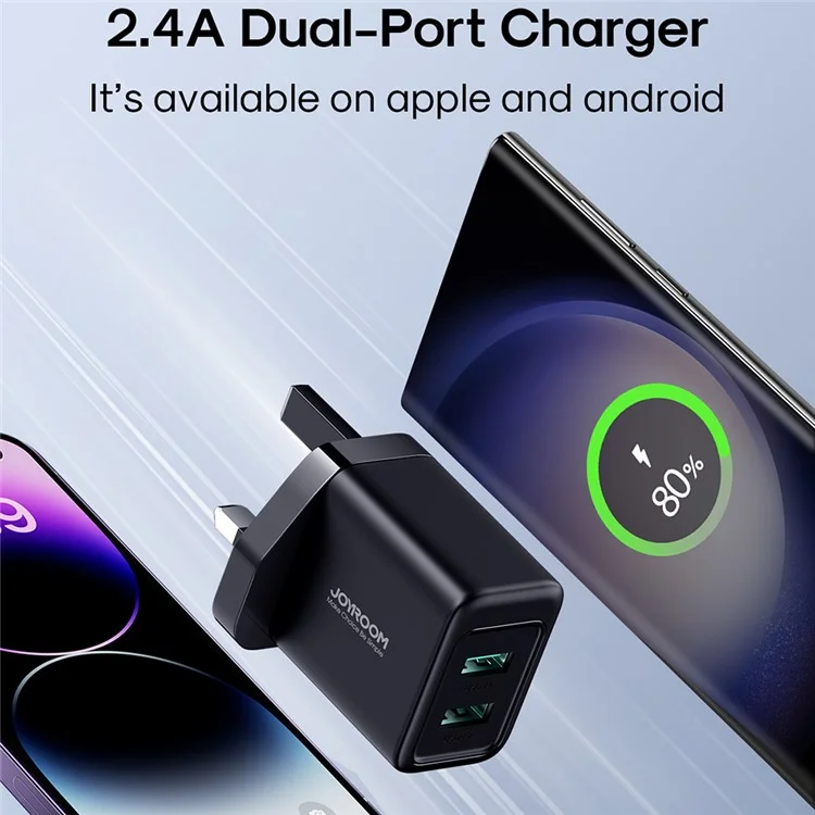 JOYROOM TCN01 2.4A 2USB Fast Charger Adapter Porta Caricabatterie da Muro Portatile Mini per Cellulari (Spina UK) - Nero