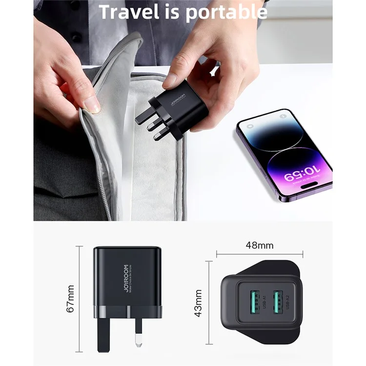 JOYROOM TCN01 2.4A 2USB Fast Charger Adapter Porta Caricabatterie da Muro Portatile Mini per Cellulari (Spina UK) - Nero