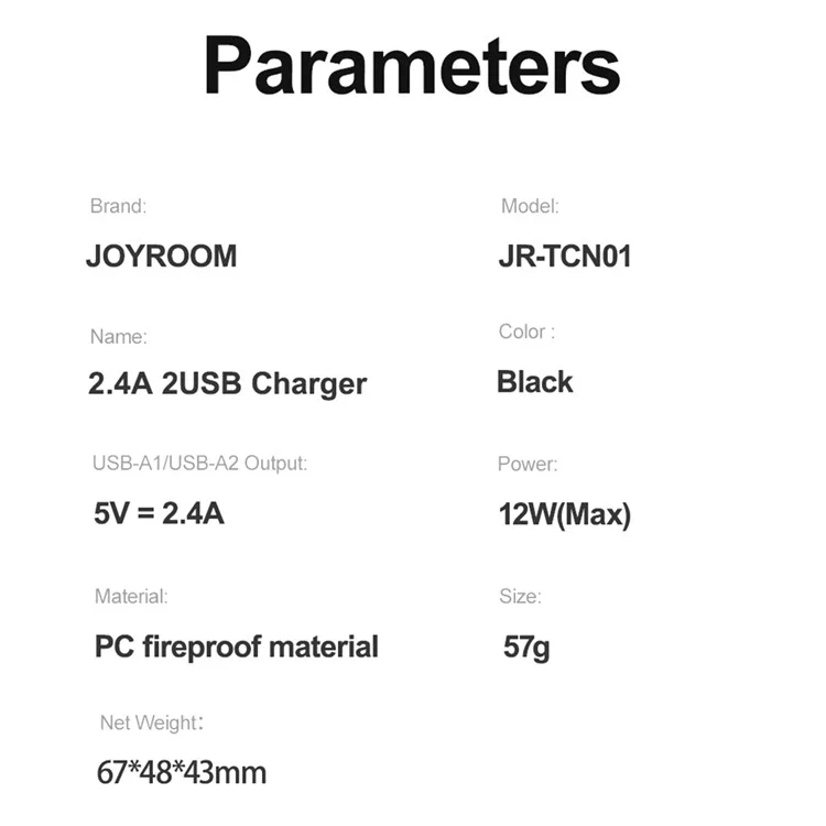 JOYROOM TCN01 2.4A 2USB Fast Charger Adapter Porta Caricabatterie da Muro Portatile Mini per Cellulari (Spina UK) - Nero