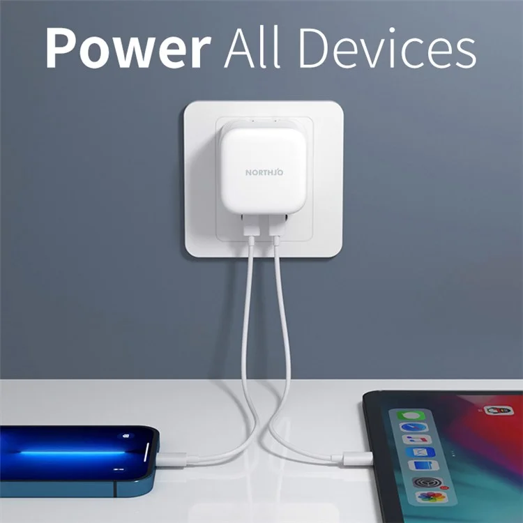 NORTHJO NOGAN3502 PD 35W GaN Fast Charger Dual Type-C PPS Charging Station Adapter - Blanco / Enchufe del Reino Unido