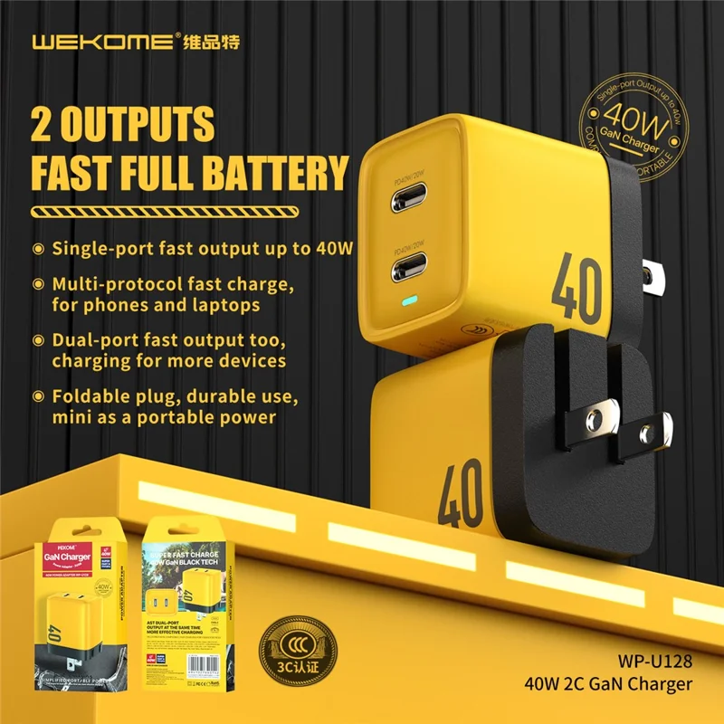 WEKOME WP-U128 40W GaN Dual Type-C Port Wall Charger Phone Fast Charging Adapter - EU Plug