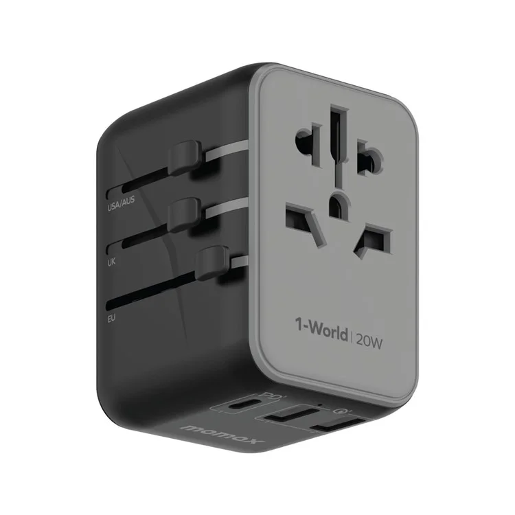 Momax 1 World Universal Travel Adapter da 20W PD Blocco di Ricarica Veloce AC+1C+2A Caricatore a Parete in Tutto il Mondo - Nero