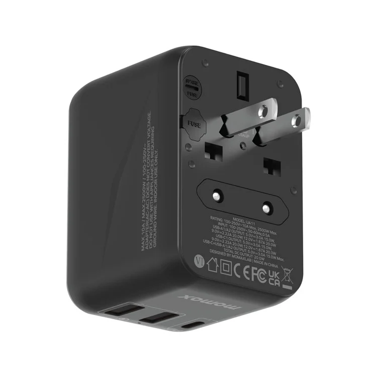 Adaptador de Viaje Universal MOMAX 1-World 20W PD Bloque de Carga Rápida AC+1C+2A Cargador de Pared Mundial - Negro