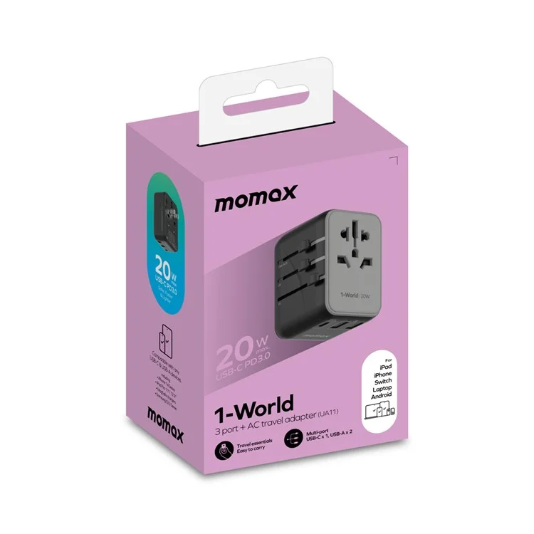 Momax 1 World Universal Travel Adapter da 20W PD Blocco di Ricarica Veloce AC+1C+2A Caricatore a Parete in Tutto il Mondo - Nero