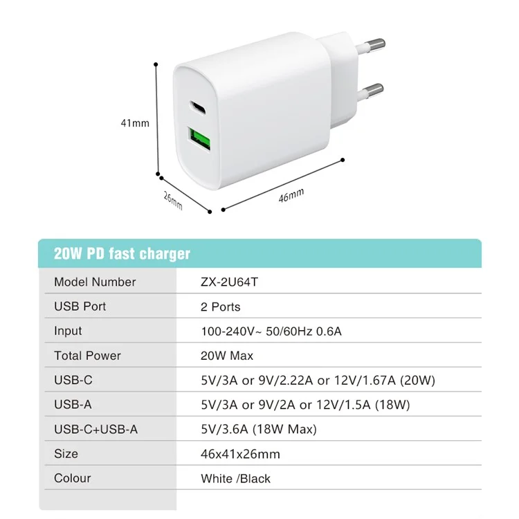 Bulk Purchasing 20W USB-A+USB-C Dual-Port PD 20W Wall Charger Cell Phone Charger (ITS, CE, ERP, ROHS Certificated) - White / US Plug