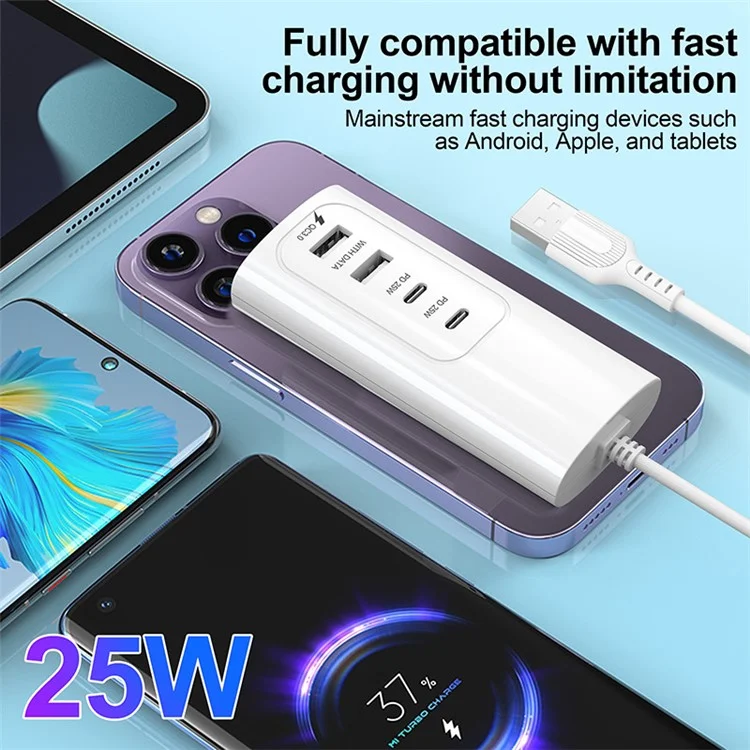 Chargeur multi-ports 0,3 m USB PD 25 W avec prise de charge rapide, 2 ports USB et 2 ports Type-C pour smartphone et tablette
