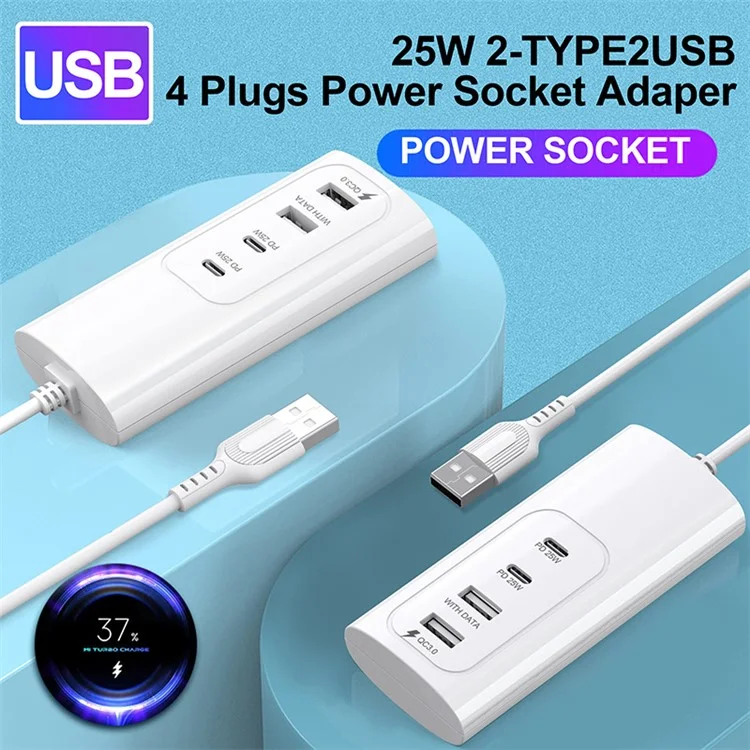 0,3m de Plugue USB PD 25W Soquete de Potência de Carga Rápida 2 USB + 2 Tipo c Tipo Cela Tableto Carregor da Estação de Carrego