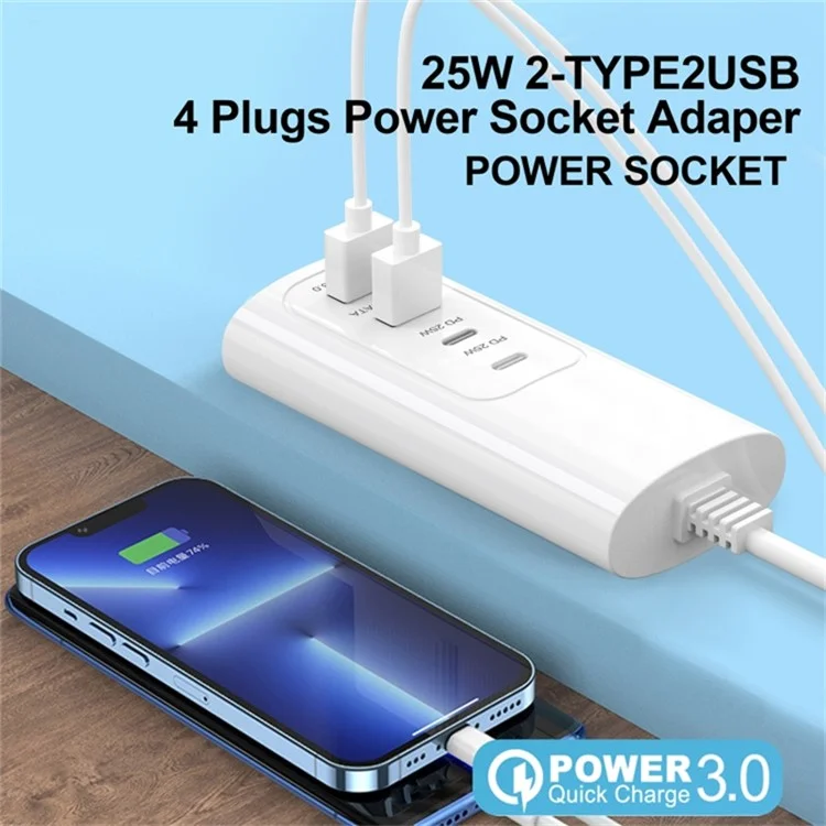 0.3m USB Plug PD 25W Fast Charge Power Socket 2 USB + 2 Type-C Phone Tablet Charger Charging Station