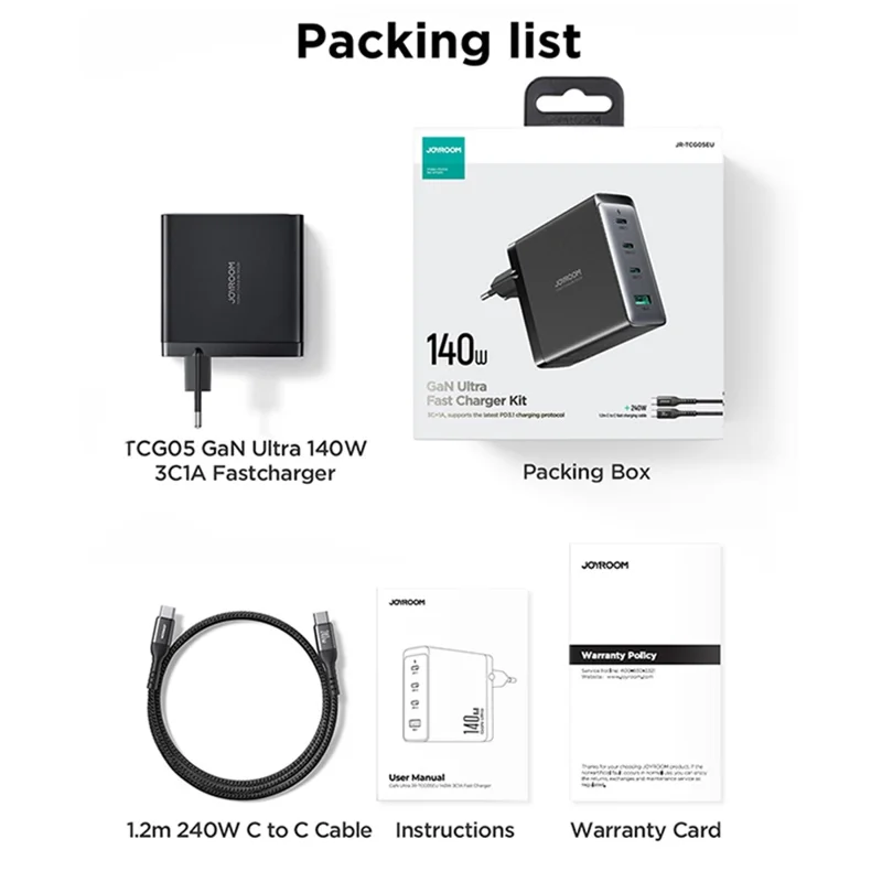 JOYROOM TCG05 140W GaN EU Plug Charger USB + 3*Type-C Phone Tablet Fast Charging Adapter with Type-C to Type-C Cable