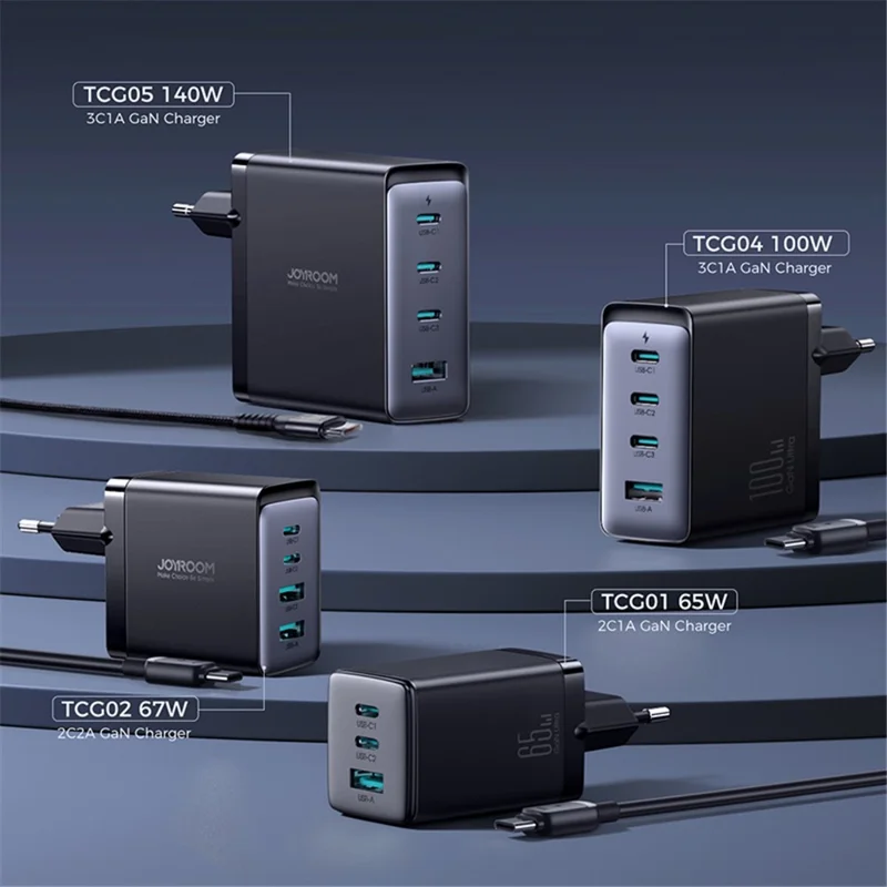 JOYROOM TCG05 140W GaN EU Plug Charger USB + 3*Type-C Phone Tablet Fast Charging Adapter with Type-C to Type-C Cable