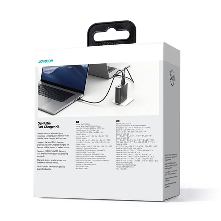 JOYROOM TCG05 140 Вт GaN Super Fast Charge US Plug Charger USB+3*Type-C Charging Adapter с кабелем Type-C - Type-C