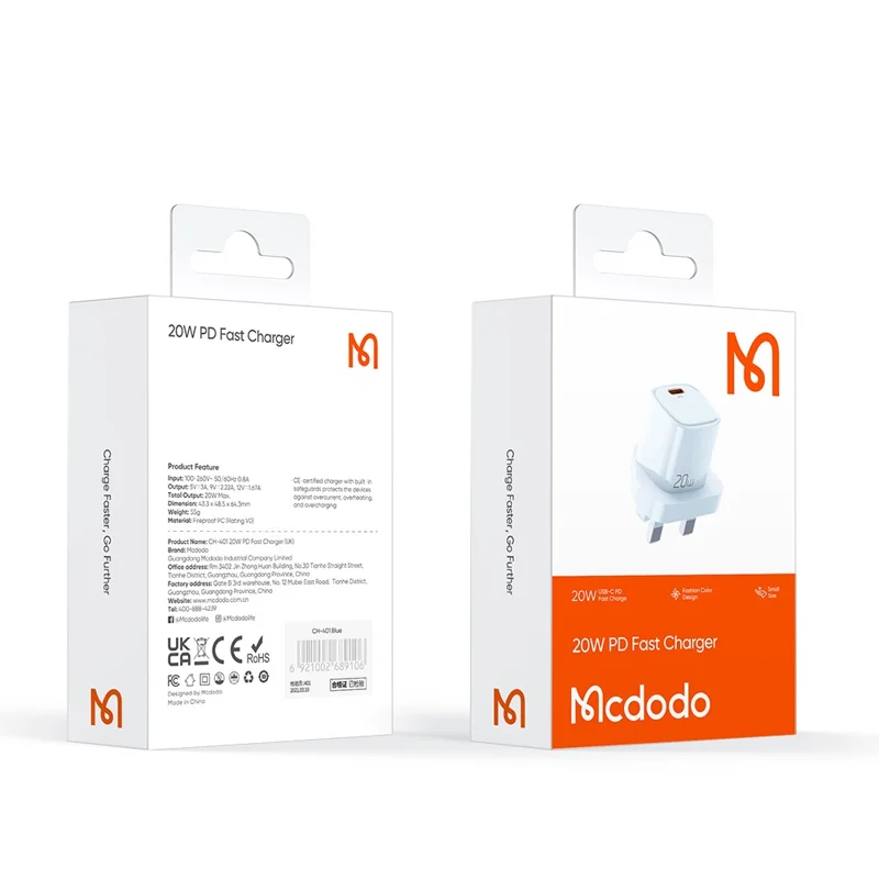 MCDODO Nano Series PD 20W Phone Fast Charging Adapter Singe Type-C Port Wall Charger - Blue / UK Plug