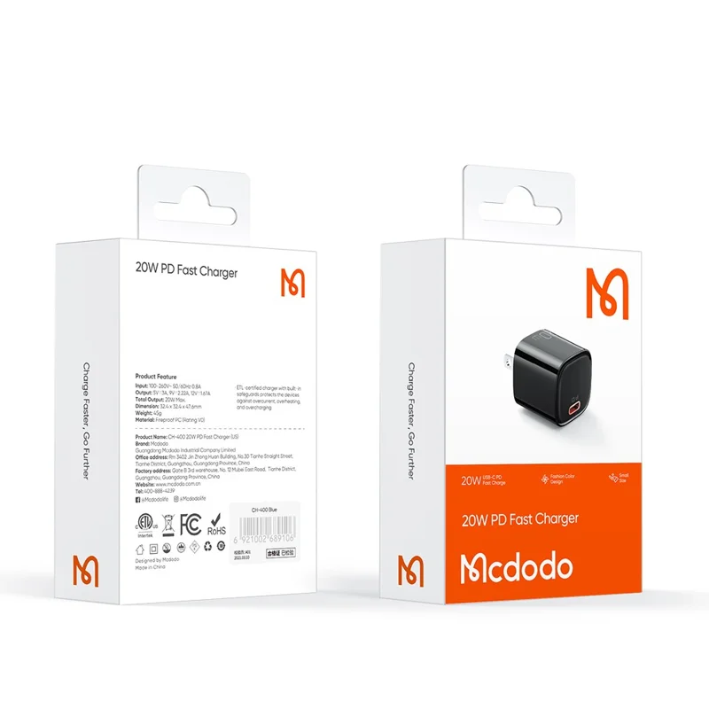 MCDODO Nano Series PD 20W Phone Fast Charging Adapter Singe Type-C Port Wall Charger - Black / US Plug