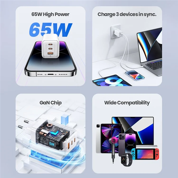USAMS US-CC180 Sandru Series 65W 3 Porte GaN Caricabatteria rapido, caricabatterie a parete con 2 USB-C + 1 USB-A, Spina EU - Nero