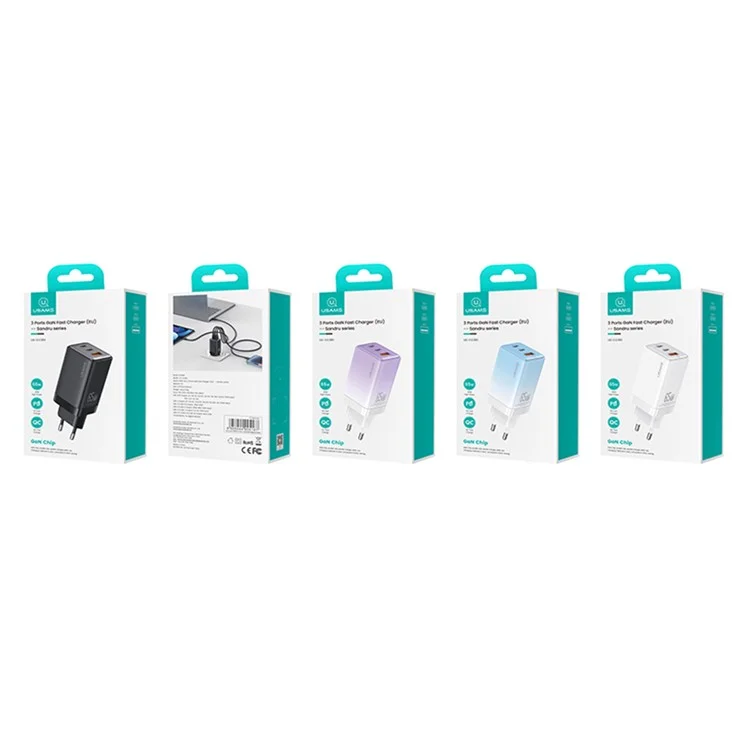USAMS US-CC180 Sandru Series 65W 3 Porte GaN Caricabatteria rapido, caricabatterie a parete con 2 USB-C + 1 USB-A, Spina EU - Nero