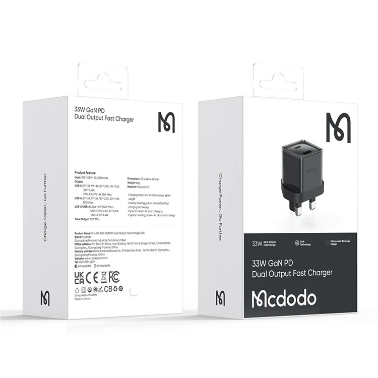 Mcdodo CH-414 UK Plug 33W GaN Usb+tipo-c Carregador de Parede Fire Prova de Fogo Adaptador de Carregamento Para PC - Preto