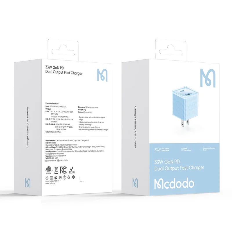 MCDODO CH-413 US Plug 33W GaN USB+Type-C Fireproof PC Wall Charger Phone Charging Adapter - Blue