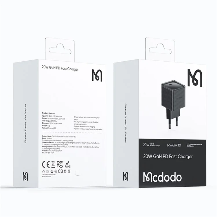 MCDODO CH-377-MDD EU Plug 20W GaN Single Type-C PD Wall Charger Fireproof PC Power Adapter - Black