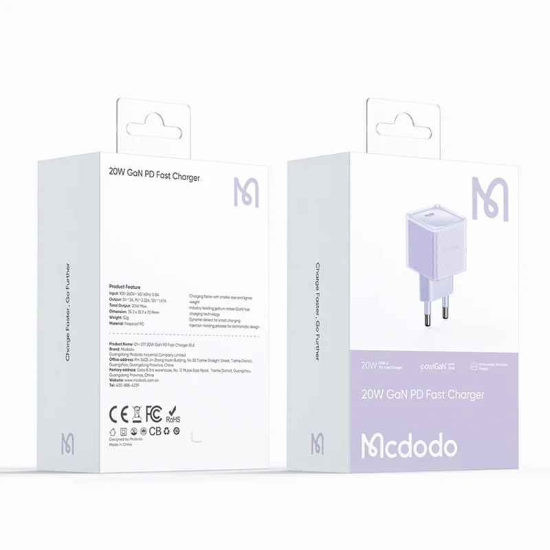 MCDODO CH-377-MDD EU Plug 20W GaN Single Type-C PD Wall Charger Fireproof PC Power Adapter - Purple