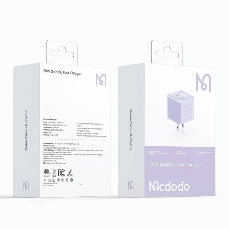MCDODO CH-375-MDD US Plug 20W GaN Type-C PD Fast Charging Wall Charger Fireproof PC Power Adapter - Purple