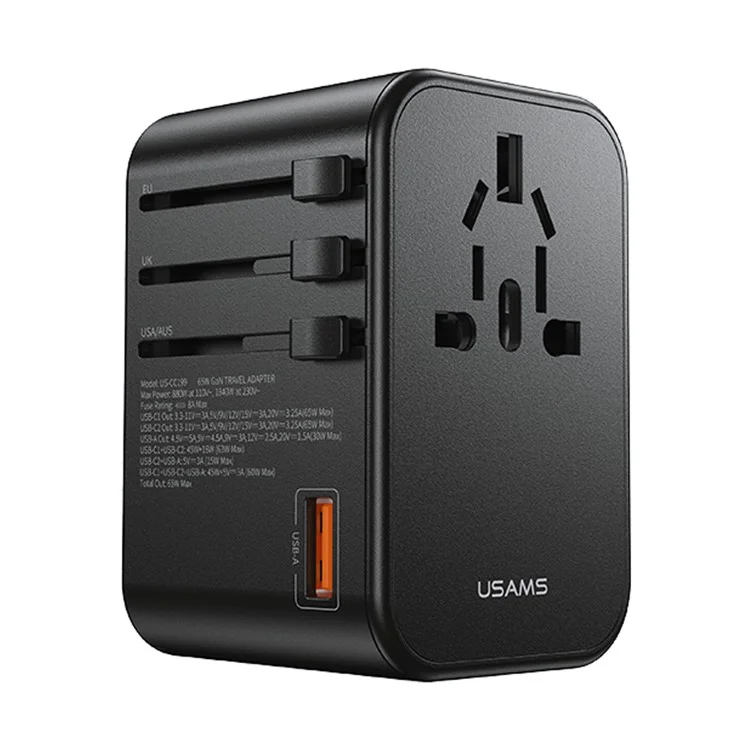 USAMS US-CC199 T62 65W GaN Fast Charging Phone Charger Dual Type-C+USB-A Universal Charger (US / AU / UK / EU Plug)