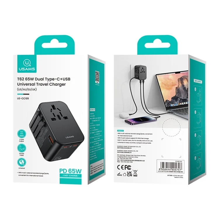 USAMS US-CC199 T62 65W GaN Fast Charging Phone Charger Dual Type-C+USB-A Universal Charger (US / AU / UK / EU Plug)