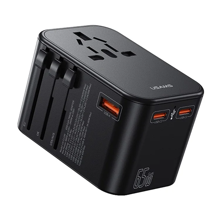 USAMS US-CC199 T62 65W GaN Fast Charging Phone Charger Dual Type-C+USB-A Universal Charger (US / AU / UK / EU Plug)