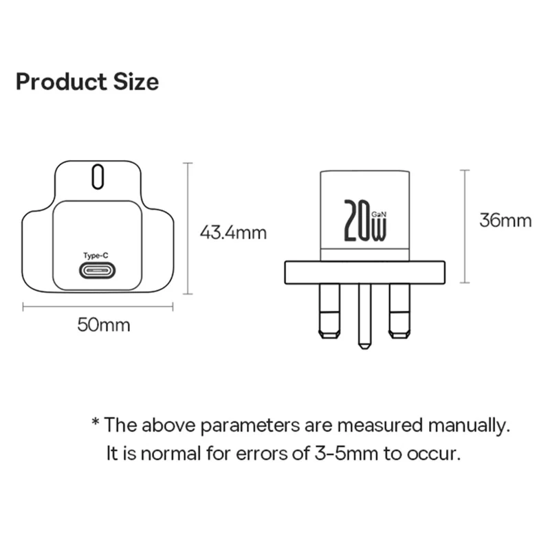 BASEUS GaN5 Mini Fast Charger Portable Type-C 20W Wall Charger Adapter, UK Plug - Black