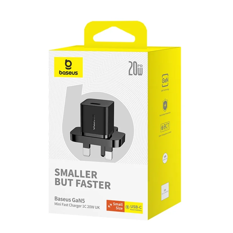 BASEUS GaN5 Mini Fast Charger Portable Type-C 20W Wall Charger Adapter, UK Plug - Black