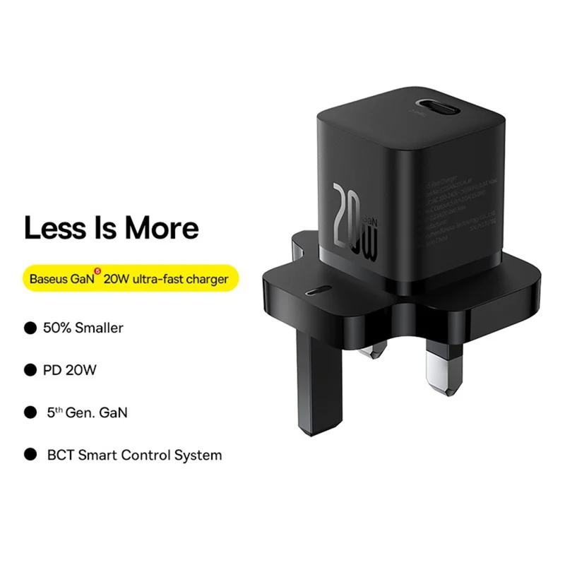 BASEUS GaN5 Mini Fast Charger Portable Type-C 20W Wall Charger Adapter, UK Plug - Black