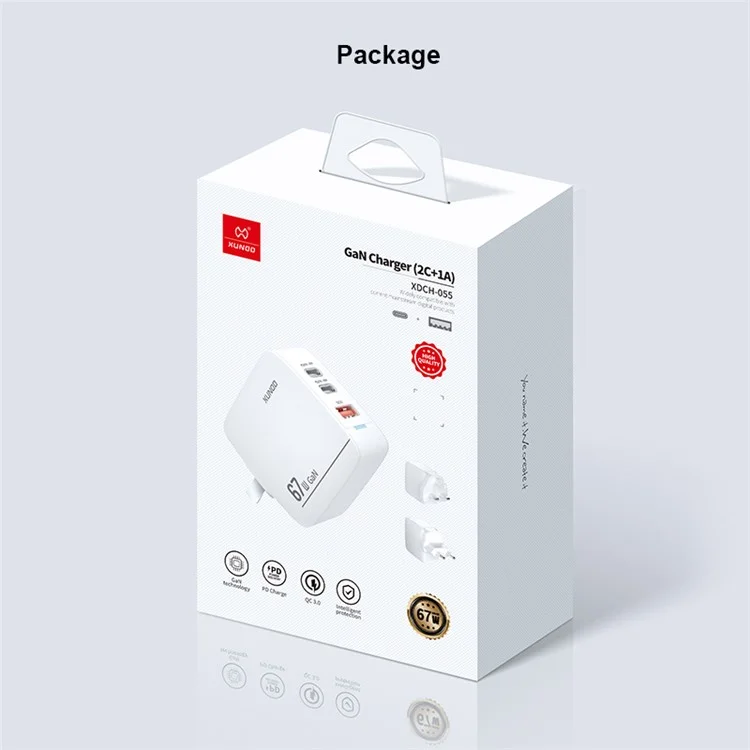 XUNDD XDCH-055 67W Fast Charging Adapter Dual Type-C+USB-A 3.0 Wall Charger - Spina CN+UK