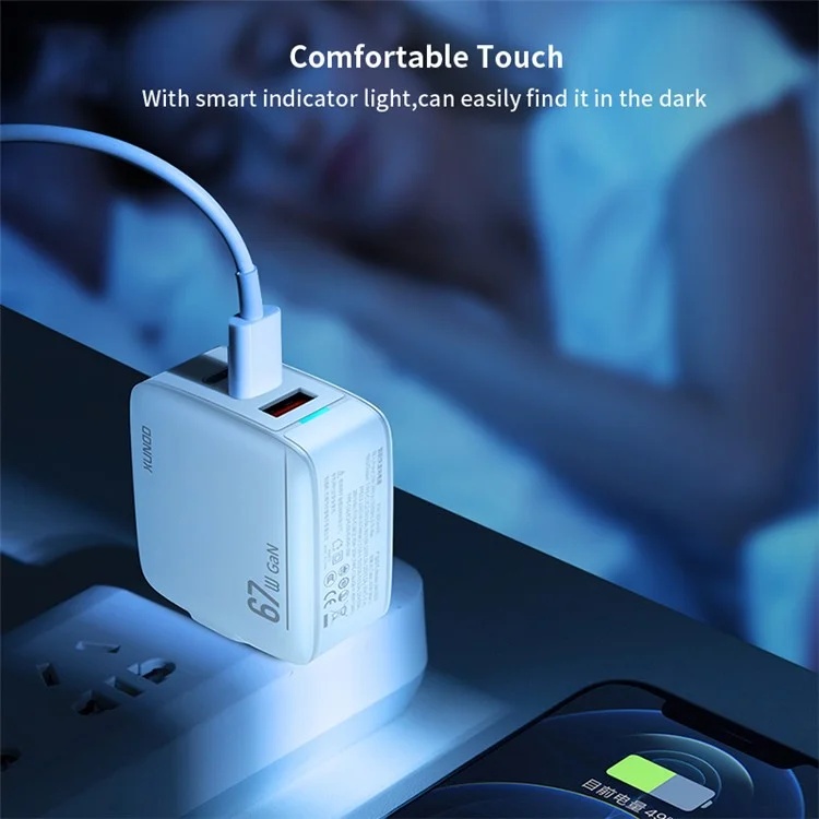 XUNDD XDCH-055 67W Fast Charging Adapter Dual Type-C+USB-A 3.0 Wall Charger - Spina CN+UK