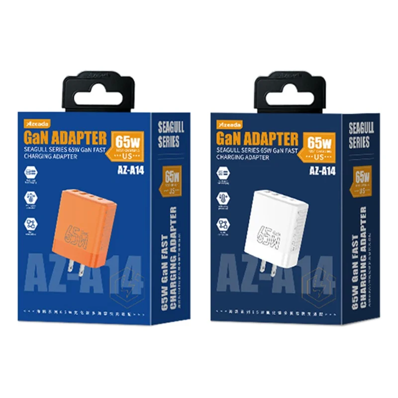 AZEADA 65W Fast Charging Adapter 2 Type-C + 2 USB Portable GaN Wall Charger - Orange / US Plug