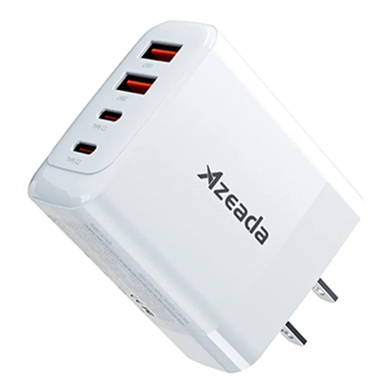 AZEADA Adattatore di Ricarica Rapida da 65W con 2 Type-C + 2 USB, Caricabatterie da Parete Portatile GaN - Bianco / Spina USA