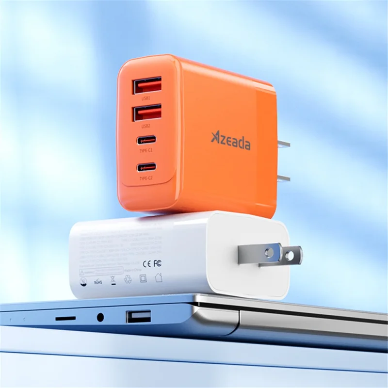 AZEADA Adattatore di Ricarica Rapida da 65W con 2 Type-C + 2 USB, Caricabatterie da Parete Portatile GaN - Bianco / Spina USA