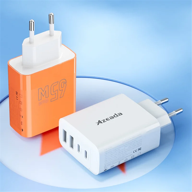 AZEADA 65W Fast Charging Adapter 2 Type-C + 2 USB Portable GaN Wall Charger - White / EU Plug