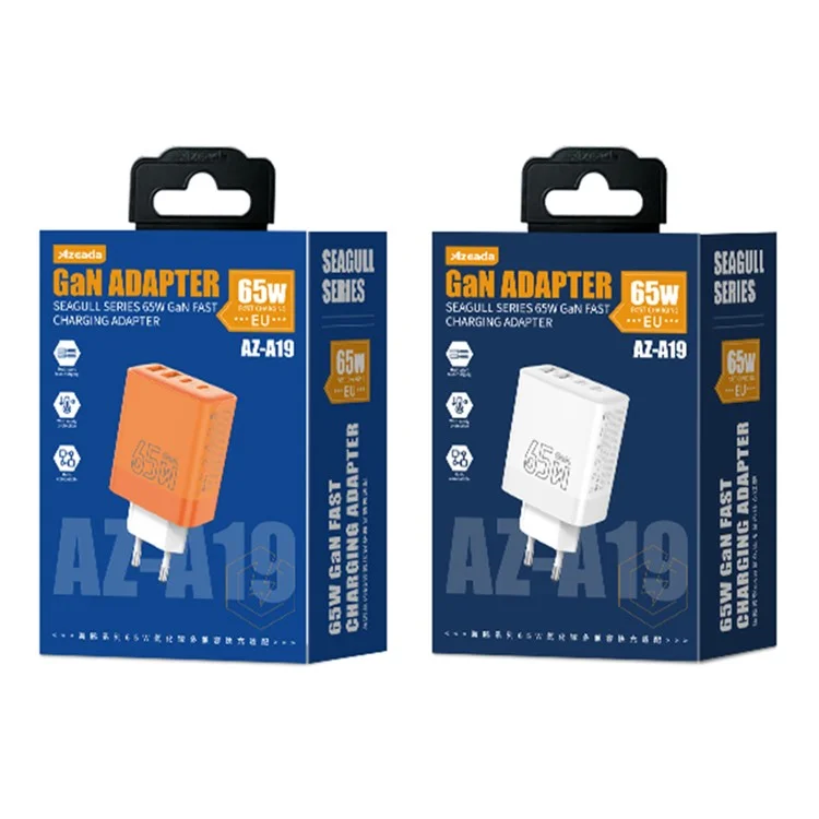 AZEADA 65W Fast Charging Adapter 2 Type-C + 2 USB Portable GaN Wall Charger - Orange / EU Plug