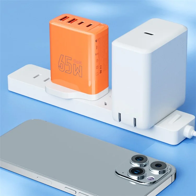 AZEADA 65W Fast Charging Adapter 2 Type-C + 2 USB Portable GaN Wall Charger - Orange / UK Plug