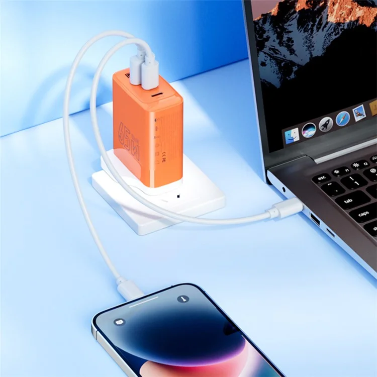 AZEADA 65W Fast Charging Adapter 2 Type-C + 2 USB Portable GaN Wall Charger - Orange / UK Plug
