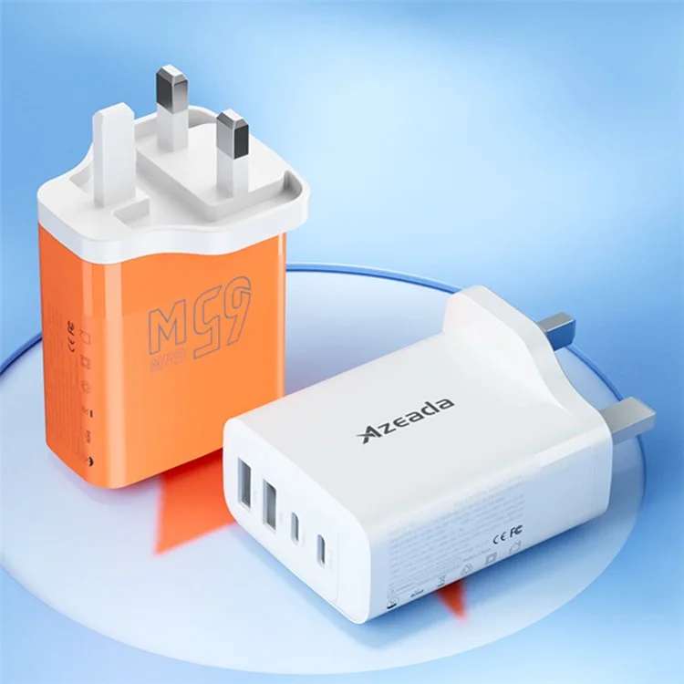 AZEADA 65W Fast Charging Adapter 2 Type-C + 2 USB Portable GaN Wall Charger - Orange / UK Plug