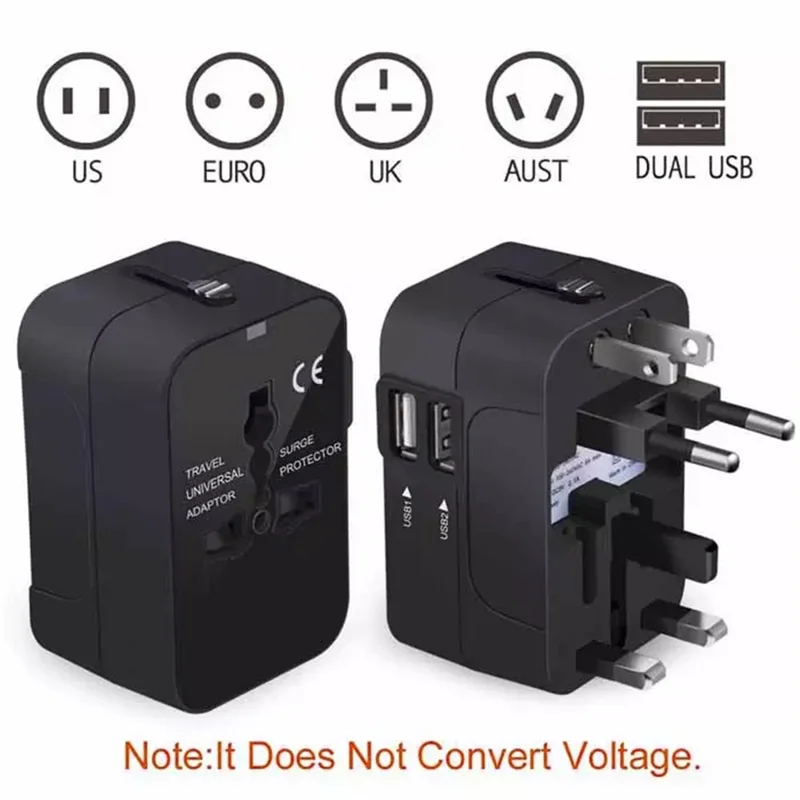 Universal Travel Adapter AU / UK / US / EU Plug Converter with 2.1A Dual USB Ports